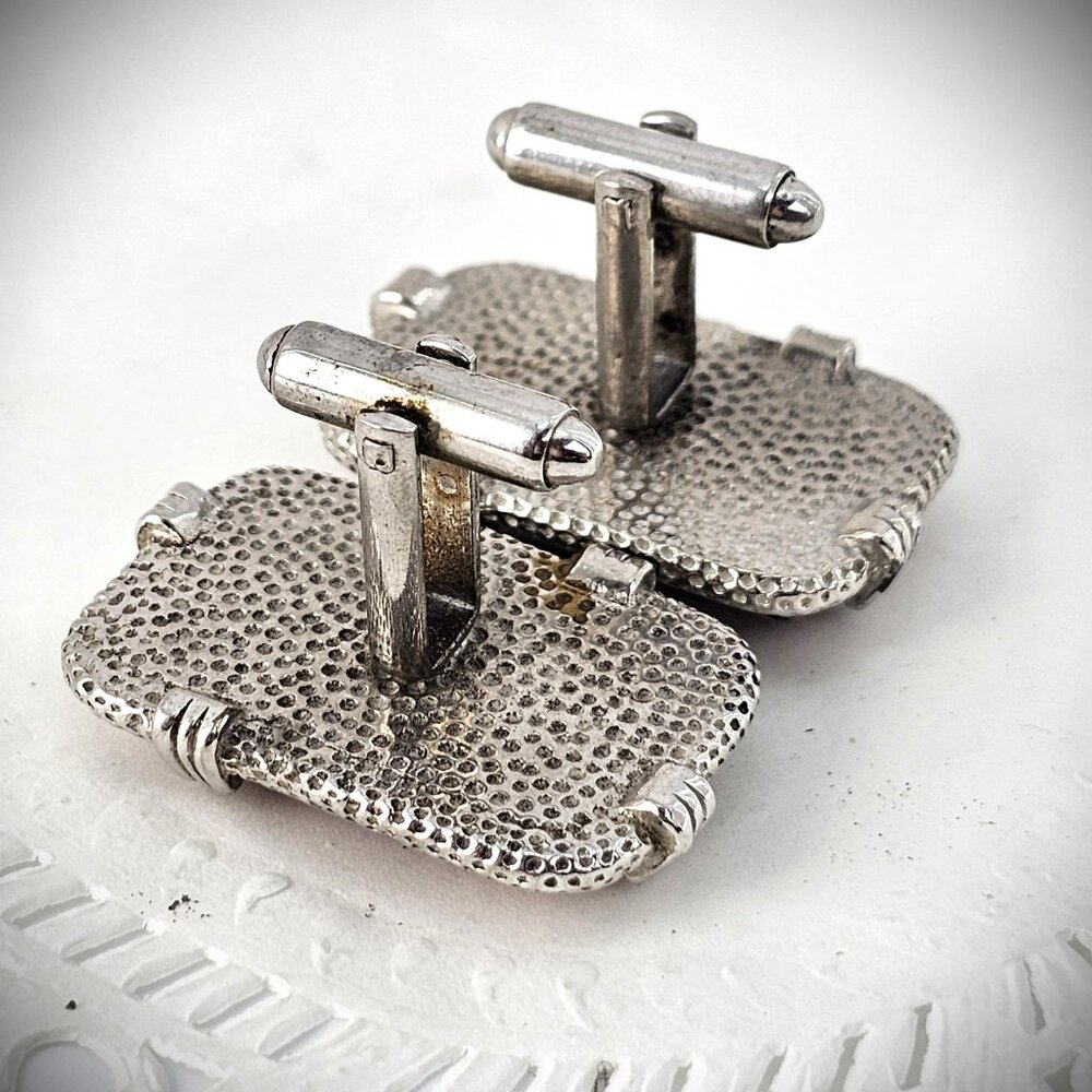 Vintage MCM 50s Big Pink Black Art Glass Cabochon Silver Tone Cufflinks - Picture 4 of 5
